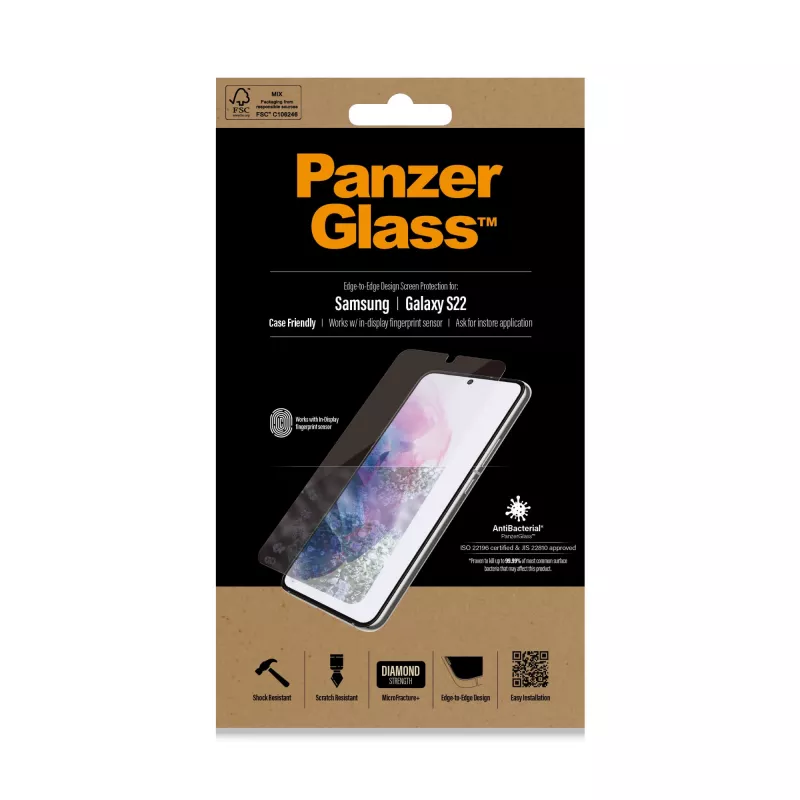 PanzerGlass UltraForce1 7293 apsauginė ekrano plėvelė-stiklas Samsung Galaxy S22, grūdintas stiklas, draugiška dėklams, skaidri