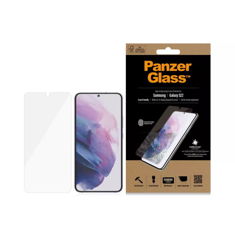 PanzerGlass UltraForce1 7293 apsauginė ekrano plėvelė-stiklas Samsung Galaxy S22, grūdintas stiklas, draugiška dėklams, skaidri