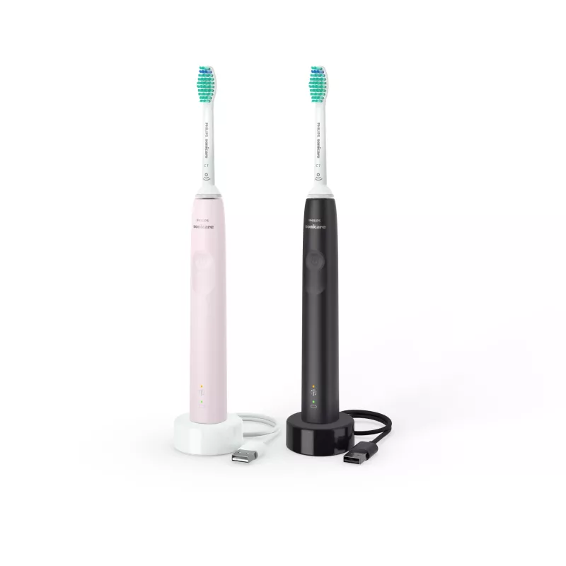 Philips Sonicare 3100 serijos HX3675/15 2 vnt. komplektas soniniai elektriniai dantų šepetėliai – juodas ir rožinis