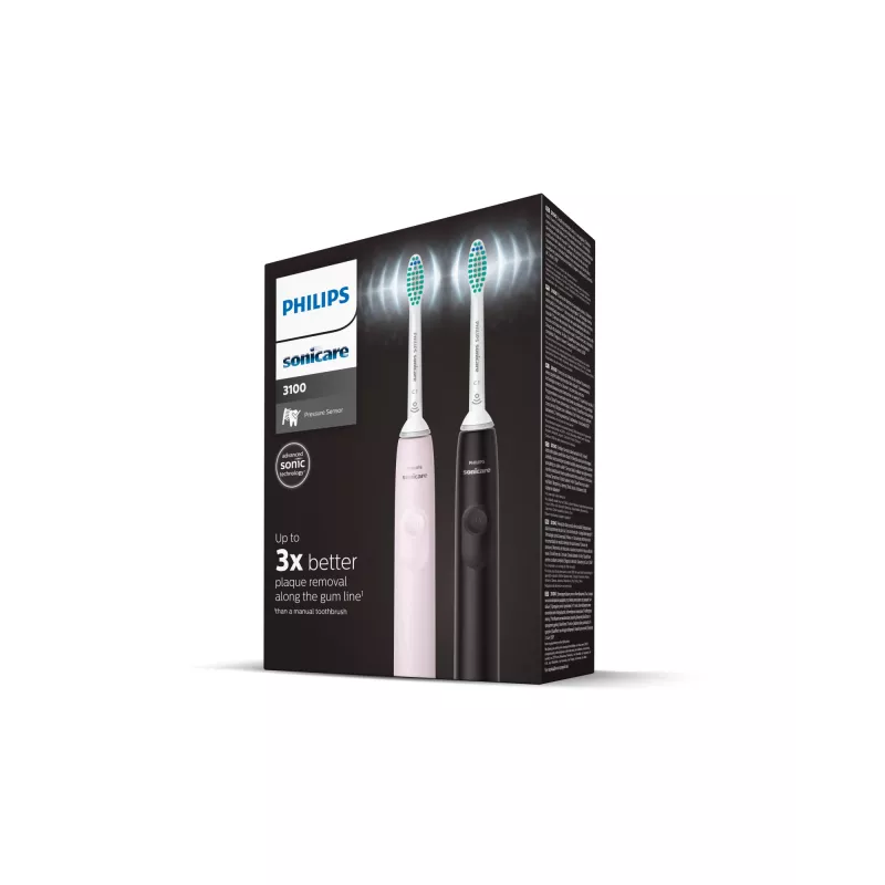 Philips Sonicare 3100 serijos HX3675/15 2 vnt. komplektas soniniai elektriniai dantų šepetėliai – juodas ir rožinis