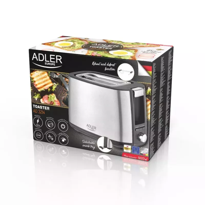 Skrudintuvas Adler AD 3214, 2 griežinėliai, nerūdijantis plienas, 900 W, 7 skrudinimo lygiai, atšildymas/pašildymas/automatinis išsijungimas