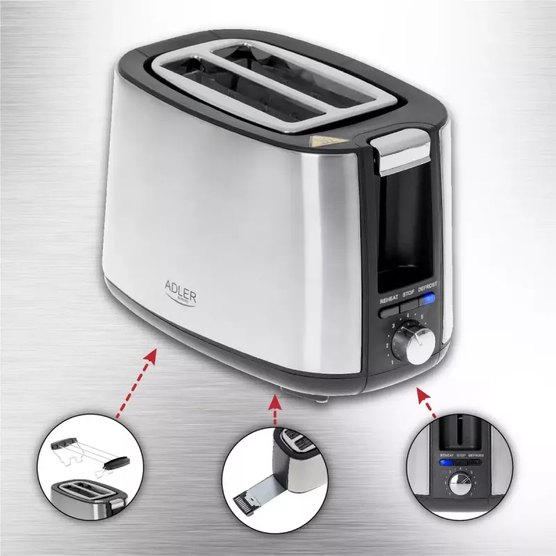 Skrudintuvas Adler AD 3214, 2 griežinėliai, nerūdijantis plienas, 900 W, 7 skrudinimo lygiai, atšildymas/pašildymas/automatinis išsijungimas