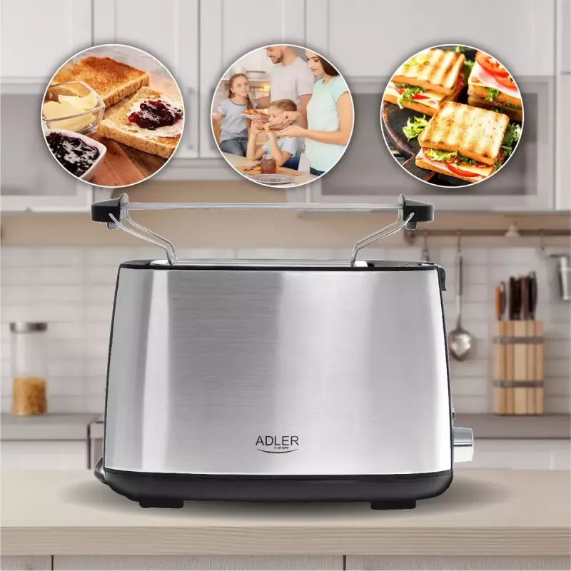 Skrudintuvas Adler AD 3214, 2 griežinėliai, nerūdijantis plienas, 900 W, 7 skrudinimo lygiai, atšildymas/pašildymas/automatinis išsijungimas