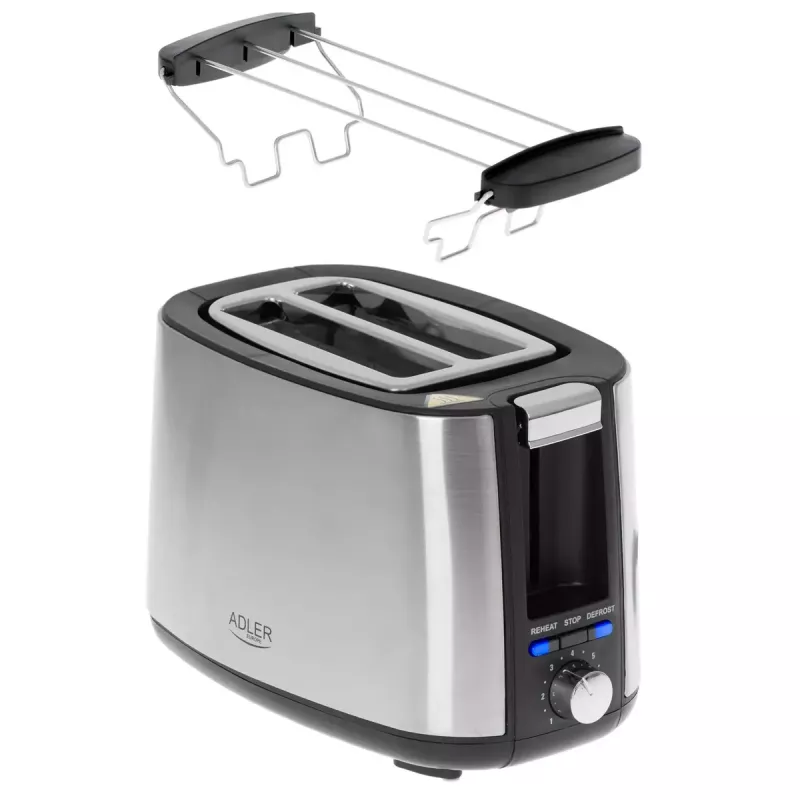 Skrudintuvas Adler AD 3214, 2 griežinėliai, nerūdijantis plienas, 900 W, 7 skrudinimo lygiai, atšildymas/pašildymas/automatinis išsijungimas