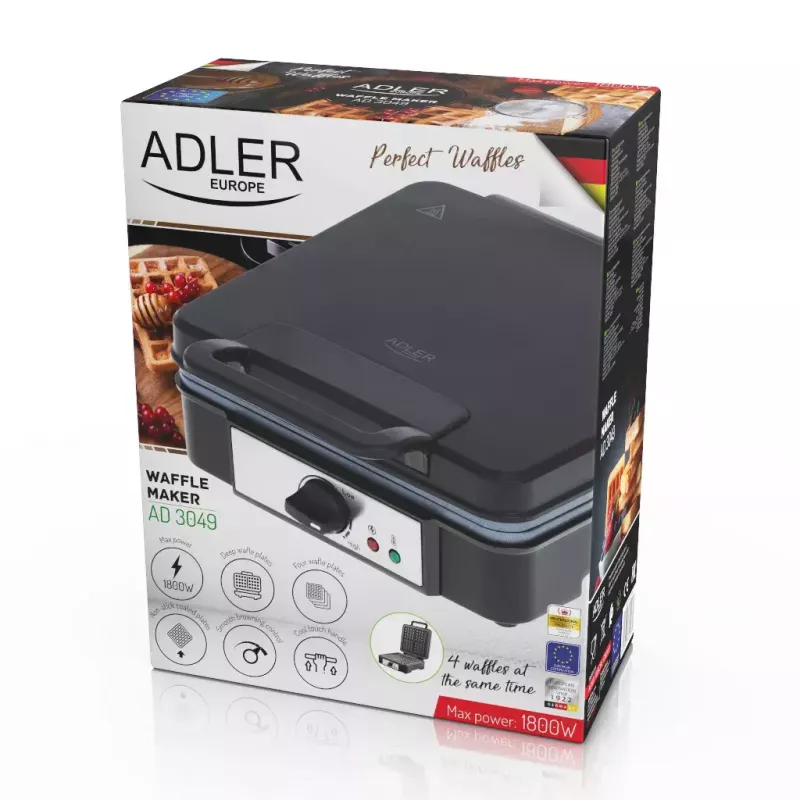 Vafelinė Adler AD 3049, 4 kvadratiniai vafliai, nelipni danga, 1800 W, juoda