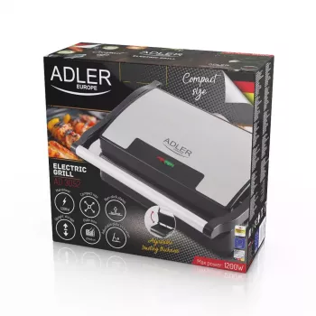 Kontaktinis grilis Adler AD 3052 stačiakampis plieninis/juodas, 1200 W, grotelės viršuje, užrakinamas dangtis