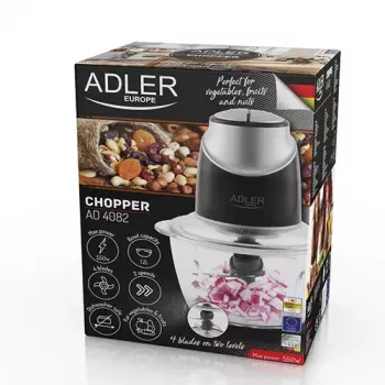 Elektrinis smulkintuvas Adler AD 4082, 1,2 l stiklinis dubuo, 300 W, 2 greičiai, pulsas, nerūdijančio plieno peiliai