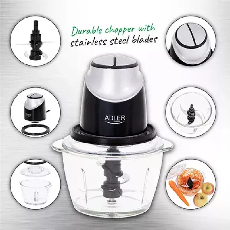 Elektrinis smulkintuvas Adler AD 4082, 1,2 l stiklinis dubuo, 300 W, 2 greičiai, pulsas, nerūdijančio plieno peiliai