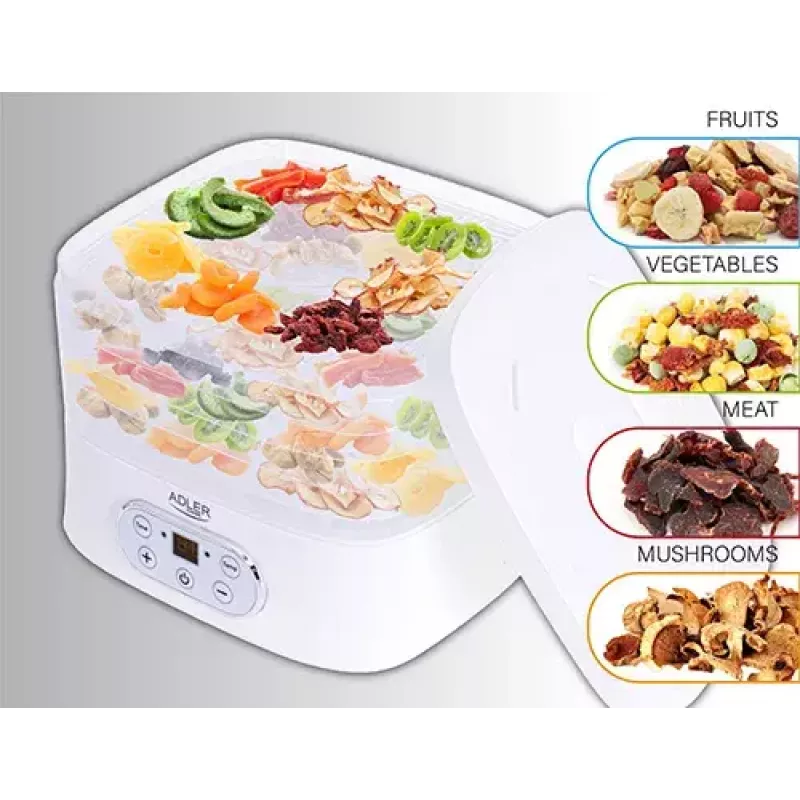 Maisto džiovintuvas Adler AD 6658, 5 padėklų, LCD laikmatis 70 h, 35–70 °C, 230 W (maks. 550 W), baltas