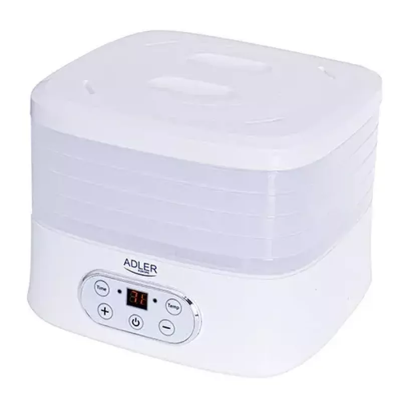 Maisto džiovintuvas Adler AD 6658, 5 padėklų, LCD laikmatis 70 h, 35–70 °C, 230 W (maks. 550 W), baltas