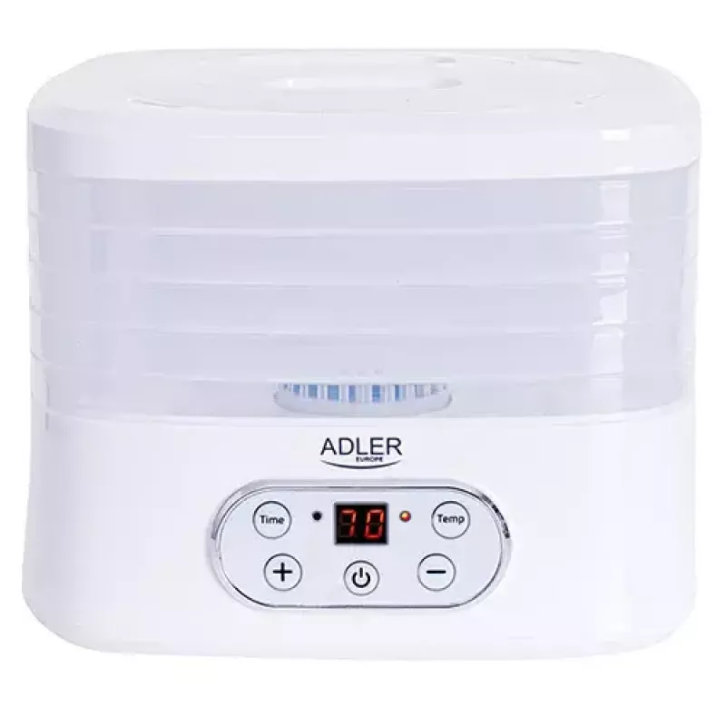 Maisto džiovintuvas Adler AD 6658, 5 padėklų, LCD laikmatis 70 h, 35–70 °C, 230 W (maks. 550 W), baltas