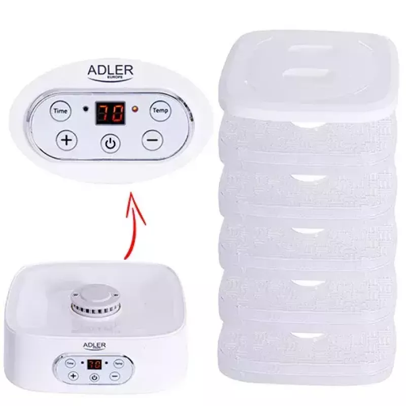 Maisto džiovintuvas Adler AD 6658, 5 padėklų, LCD laikmatis 70 h, 35–70 °C, 230 W (maks. 550 W), baltas