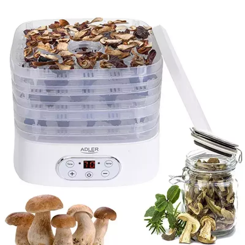 Maisto džiovintuvas Adler AD 6658, 5 padėklų, LCD laikmatis 70 h, 35–70 °C, 230 W (maks. 550 W), baltas
