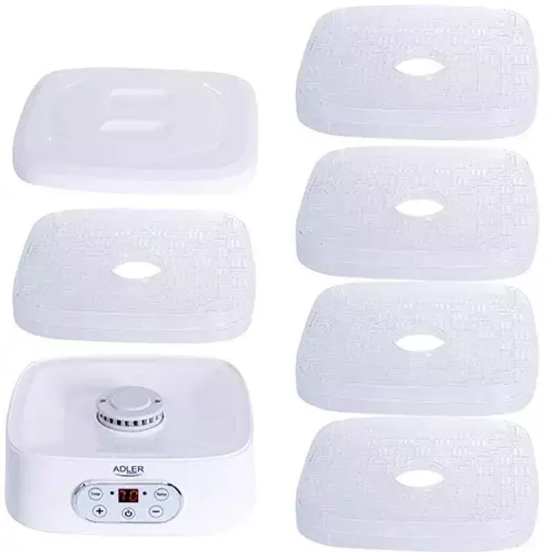 Maisto džiovintuvas Adler AD 6658, 5 padėklų, LCD laikmatis 70 h, 35–70 °C, 230 W (maks. 550 W), baltas
