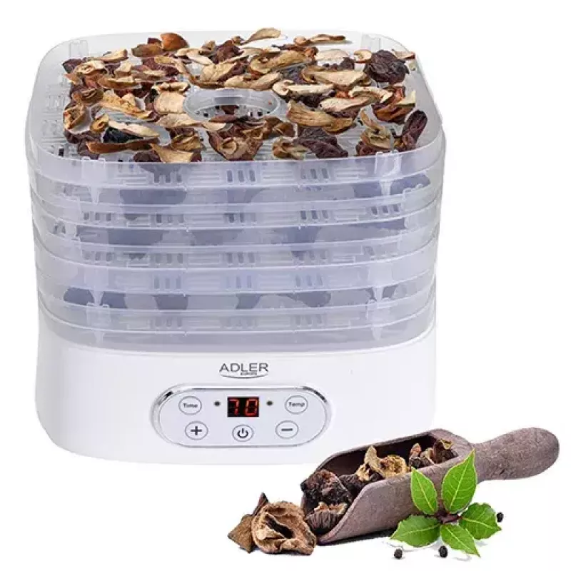 Maisto džiovintuvas Adler AD 6658, 5 padėklų, LCD laikmatis 70 h, 35–70 °C, 230 W (maks. 550 W), baltas