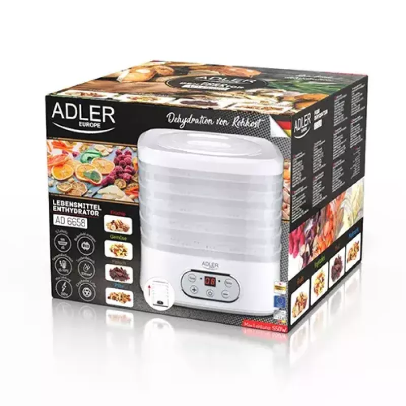Maisto džiovintuvas Adler AD 6658, 5 padėklų, LCD laikmatis 70 h, 35–70 °C, 230 W (maks. 550 W), baltas