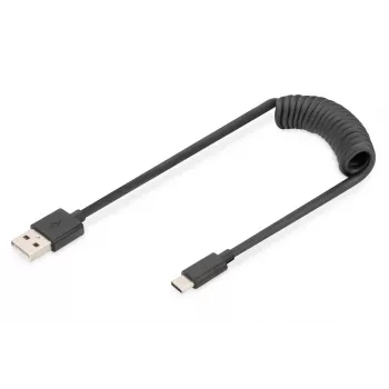 Digitus USB 2.0 USB A į USB C spiralinis kabelis 1 m 0,48 Gbit/s juodas