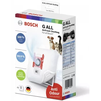 Dulkių maišelis cilindriniam dulkių siurbliui Bosch BBZAFGALL – 4 vnt., baltas, 240×75×165 mm