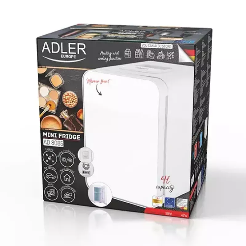 Stalinias mini šaldytuvas Adler AD 8085, 4 L, dešinysis vyris, veidrodinės durelės, 220–240V/12V