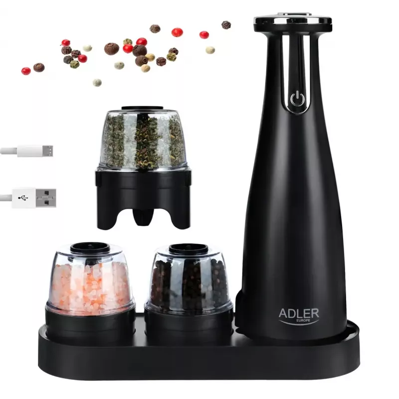Druskinės ir pipirinės rinkinys Adler AD 4449B – nerūdijantis plienas/juoda, 150 ml talpa, ličio baterija, 80×80×263 mm