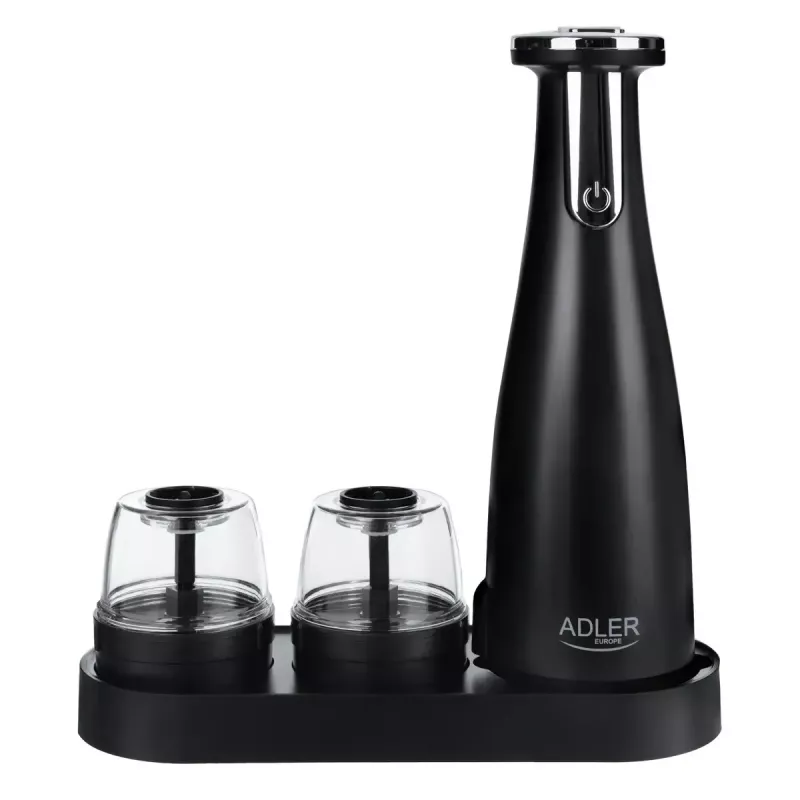 Druskinės ir pipirinės rinkinys Adler AD 4449B – nerūdijantis plienas/juoda, 150 ml talpa, ličio baterija, 80×80×263 mm