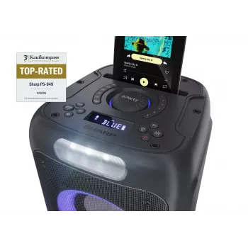 Vakarėlių kolonėlė Sharp PS-949 — 2.1 kanalai, 132 W PMPO, 8 col. žemų dažnių garsiakalbis, Bluetooth A2DP/AVRCP, laidinis ir belaidis, juoda, plastikinis korpusas