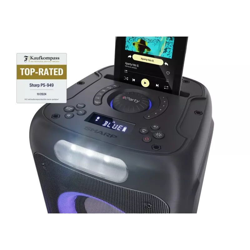 Vakarėlių kolonėlė Sharp PS-949 — 2.1 kanalai, 132 W PMPO, 8 col. žemų dažnių garsiakalbis, Bluetooth A2DP/AVRCP, laidinis ir belaidis, juoda, plastikinis korpusas