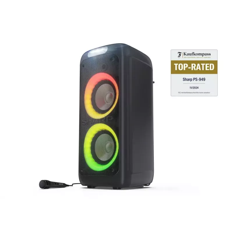 Vakarėlių kolonėlė Sharp PS-949 — 2.1 kanalai, 132 W PMPO, 8 col. žemų dažnių garsiakalbis, Bluetooth A2DP/AVRCP, laidinis ir belaidis, juoda, plastikinis korpusas