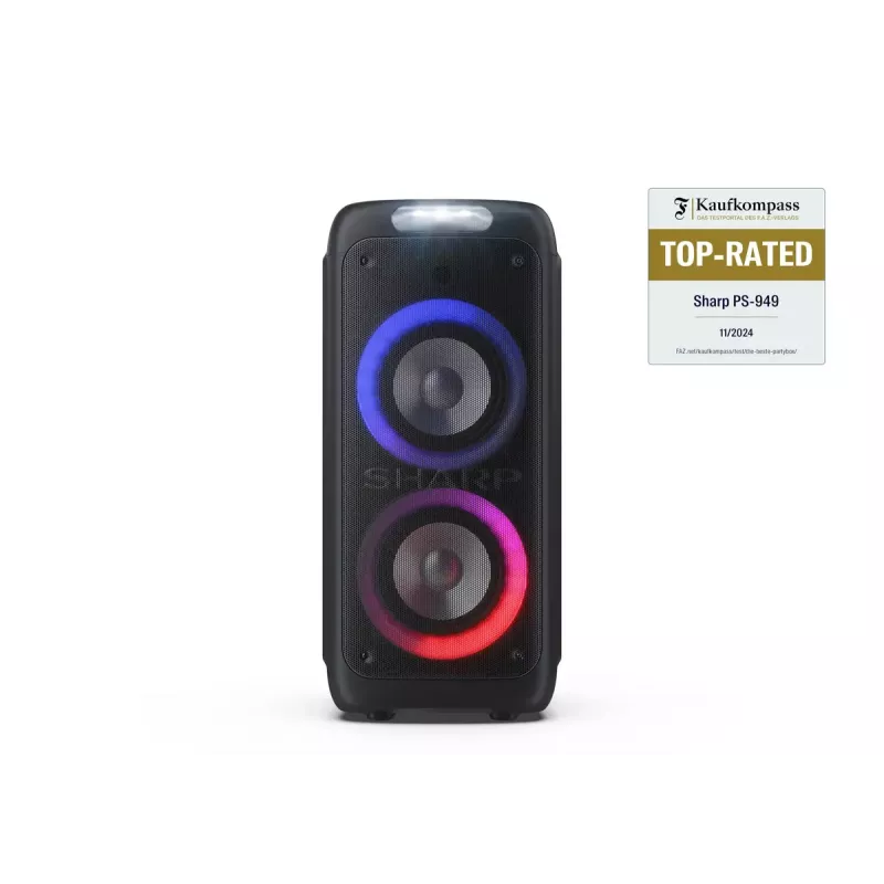Vakarėlių kolonėlė Sharp PS-949 — 2.1 kanalai, 132 W PMPO, 8 col. žemų dažnių garsiakalbis, Bluetooth A2DP/AVRCP, laidinis ir belaidis, juoda, plastikinis korpusas
