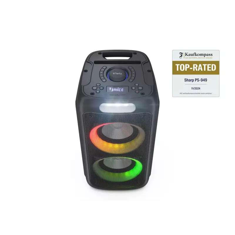 Vakarėlių kolonėlė Sharp PS-949 — 2.1 kanalai, 132 W PMPO, 8 col. žemų dažnių garsiakalbis, Bluetooth A2DP/AVRCP, laidinis ir belaidis, juoda, plastikinis korpusas