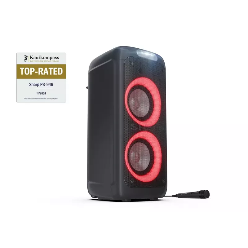 Vakarėlių kolonėlė Sharp PS-949 — 2.1 kanalai, 132 W PMPO, 8 col. žemų dažnių garsiakalbis, Bluetooth A2DP/AVRCP, laidinis ir belaidis, juoda, plastikinis korpusas