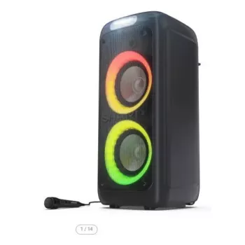 Vakarėlių kolonėlė Sharp PS-949 — 2.1 kanalai, 132 W PMPO, 8 col. žemų dažnių garsiakalbis, Bluetooth A2DP/AVRCP, laidinis ir belaidis, juoda, plastikinis korpusas