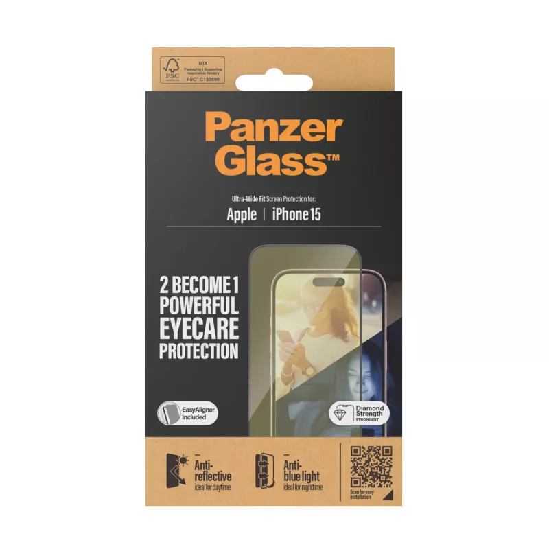 PanzerGlass® EyeCARE™ ekrano apsauga iPhone 15 | Ultra-Wide Fit su EasyAligner