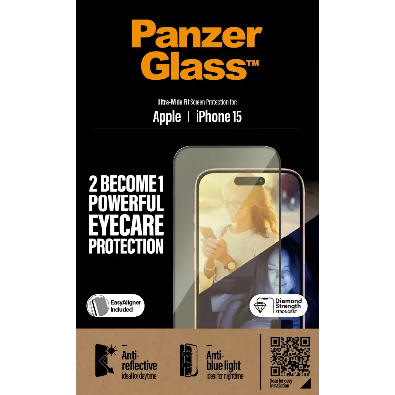 PanzerGlass® EyeCARE™ ekrano apsauga iPhone 15 | Ultra-Wide Fit su EasyAligner