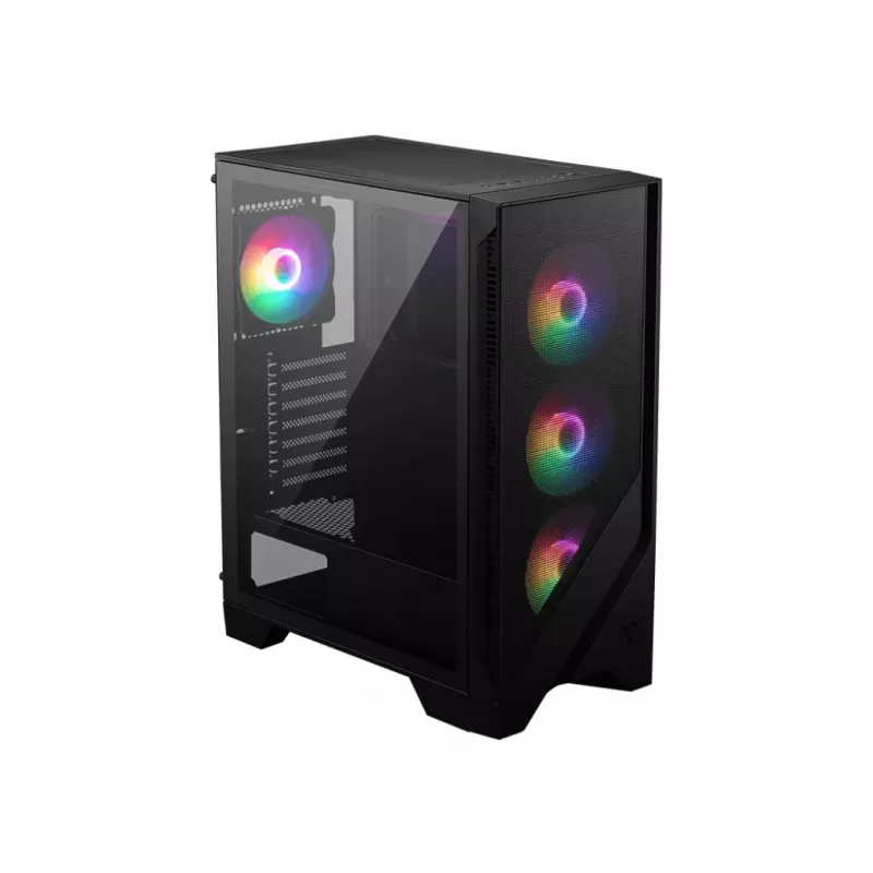 Korpusas MSI MAG FORGE 120A AIRFLOW Midi Tower — Juodas, Grūdintas Stiklas, Tinklelis, 3×120mm priekiniai ventiliatoriai, 2×120mm viršutiniai ventiliatoriai, ATX palaikymas