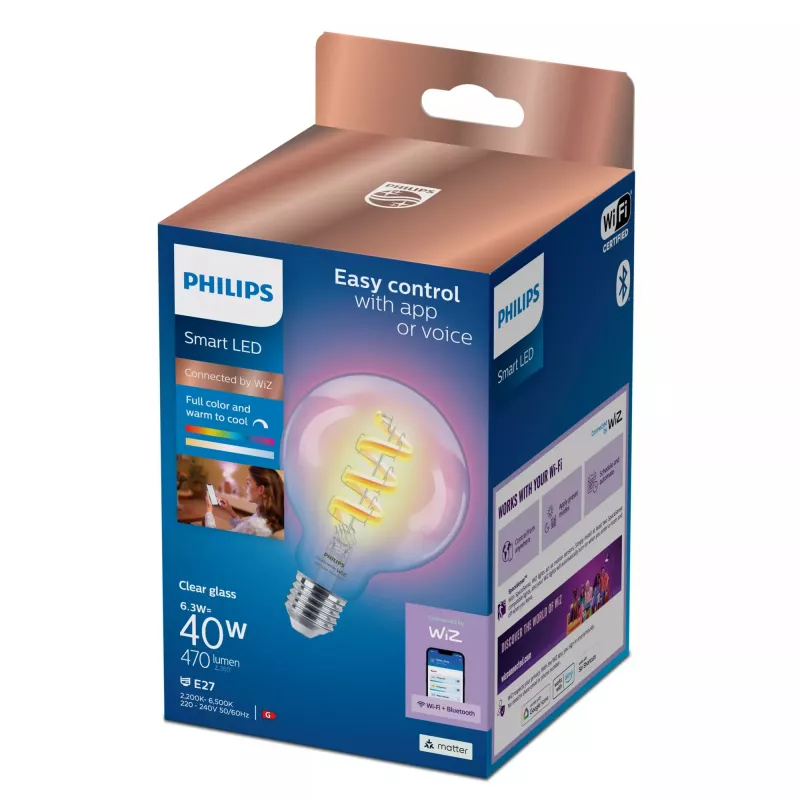 Philips Filament Clear 40 W G95 E27 protinga lemputė, Wi-Fi/Bluetooth, skaidri, LED, E27