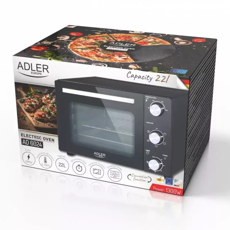 Elektrinė orkaitė ant stalviršio Adler AD 6024 – kompaktiška 22 l talpa, 1300 W, juoda
