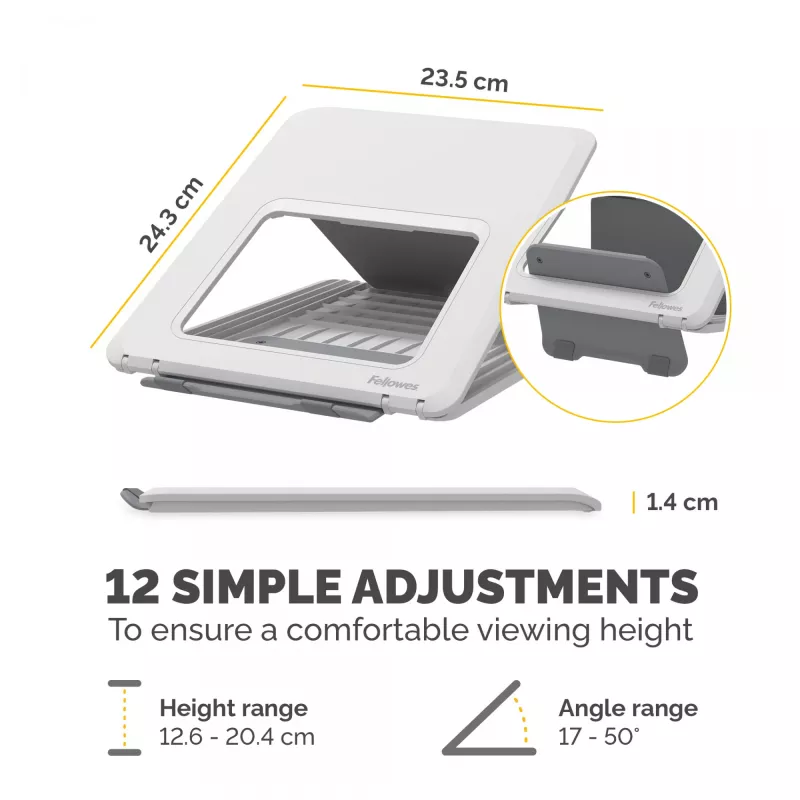 Fellowes Breyta reguliuojamas stovas nešiojamam kompiuteriui, 14 colių, 4 kg, baltas