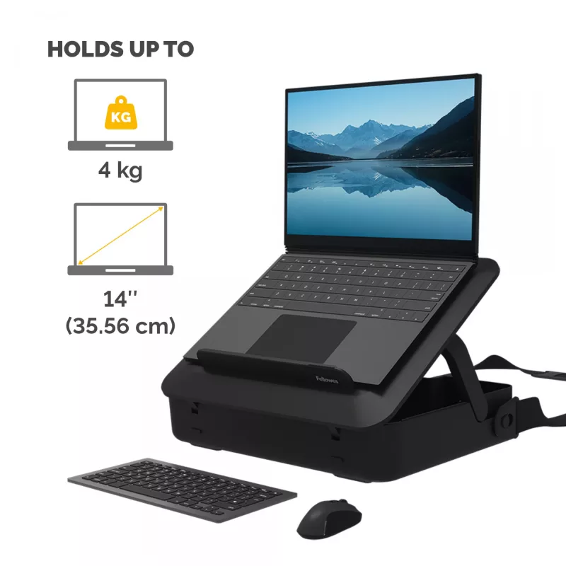 Fellowes Breyta nešiojamojo kompiuterio dėklas su įmontuotu stovu, užrakinamas, iki 14 colių/4 kg, juodas