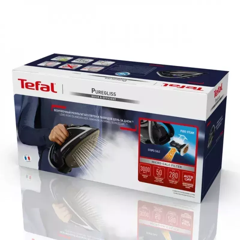 Tefal Puregliss FV8062E0 lygintuvas sausam ir gariniam lyginimui, Durilium AirGlide Autoclean padas, 3000 W, juoda/pilka