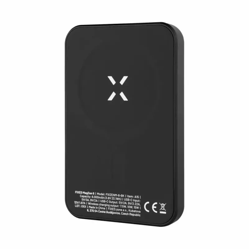 Nešiojamas Power Bank FIXED MagZen 6000 mAh — juodas, USB išvestis išmaniesiems telefonams ir planšetėms
