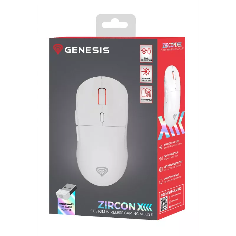 GENESIS Zircon XIII žaidimų pelė, ambidekstrinė, RF belaidė + USB Type-C, optinė, 26000 DPI