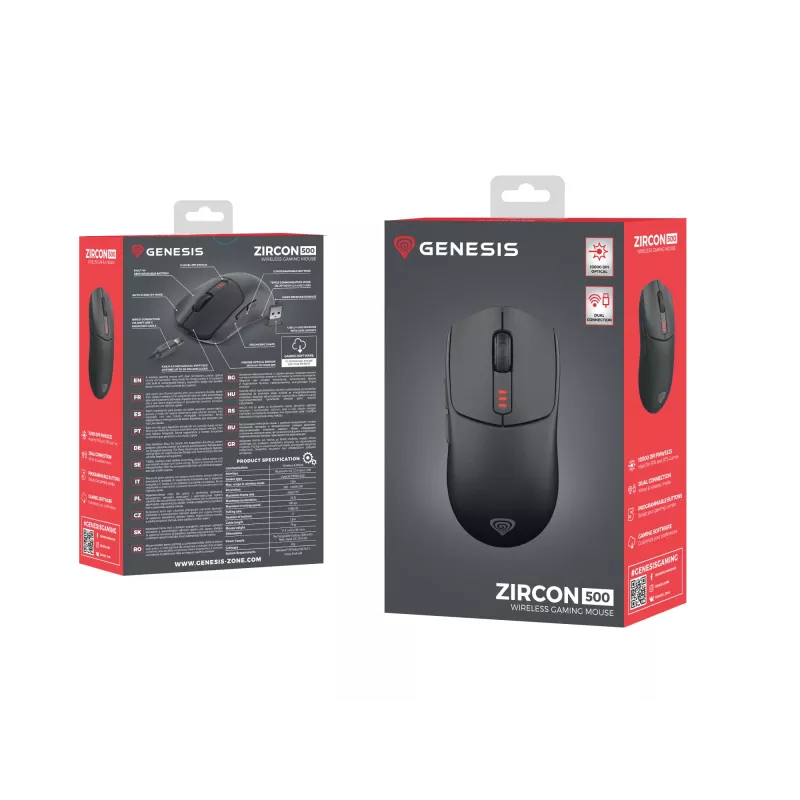 GENESIS Zircon 500 pelė žaidimams, belaidė RF + Bluetooth + USB Type-C, optinė, 10000 DPI