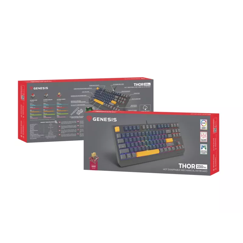 GENESIS THOR 230 TKL klaviatūra žaidimams USB + RF belaidis + Bluetooth QWERTY Juoda, Mėlyna, Pilka, Oranžinė