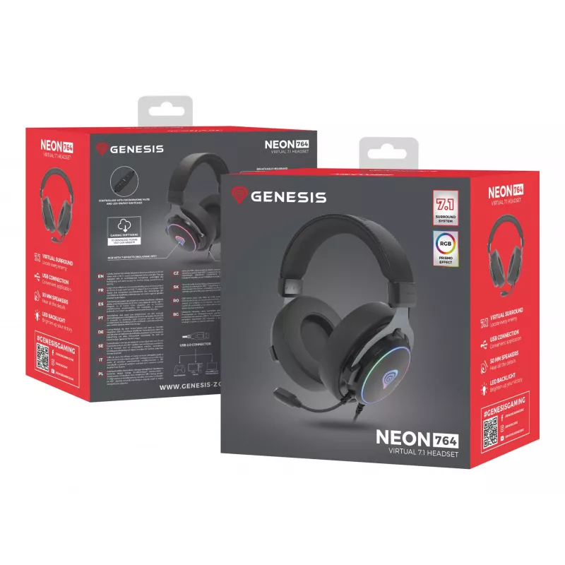 Ausinės GENESIS Neon 764, laidinės, ant galvos lankeliu, USB-A, juodos
