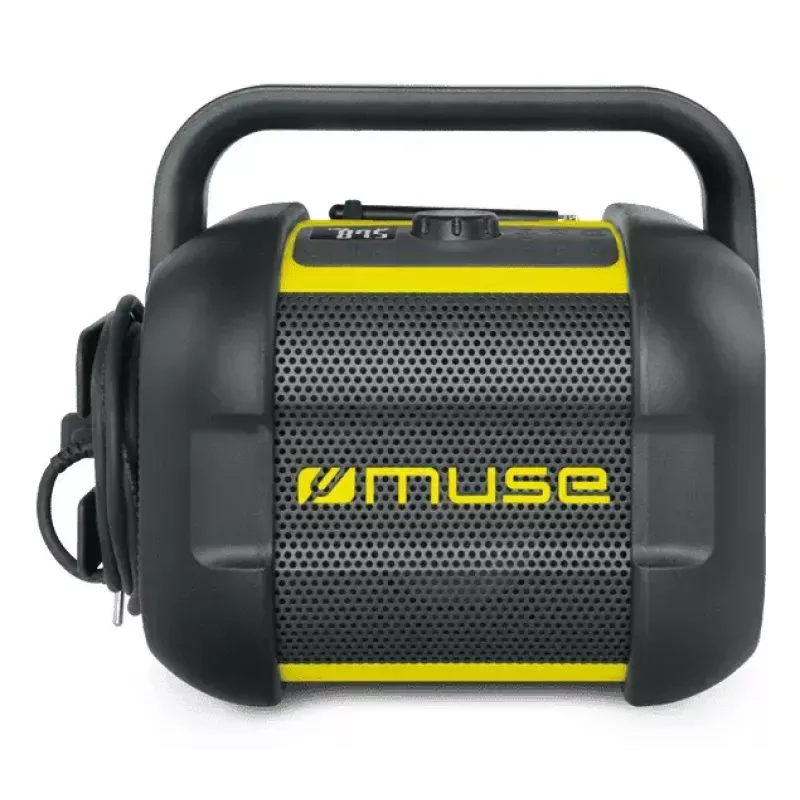 Statybinis radijas Muse M-968 BTY — analoginis FM, 40 W RMS, Bluetooth 10 m, dulkėms/ smūgiams atsparus, juodai geltonas