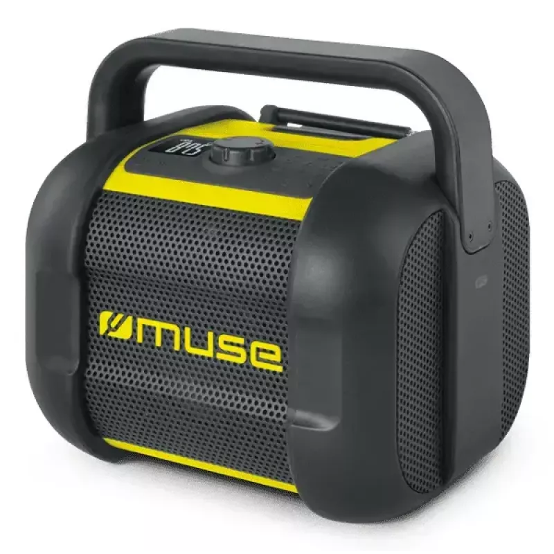 Statybinis radijas Muse M-968 BTY — analoginis FM, 40 W RMS, Bluetooth 10 m, dulkėms/ smūgiams atsparus, juodai geltonas