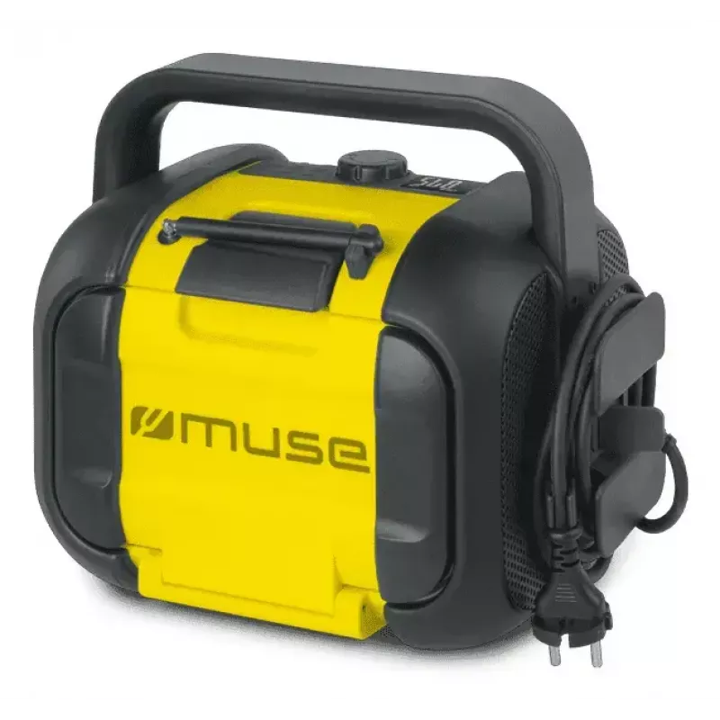 Statybinis radijas Muse M-968 BTY — analoginis FM, 40 W RMS, Bluetooth 10 m, dulkėms/ smūgiams atsparus, juodai geltonas