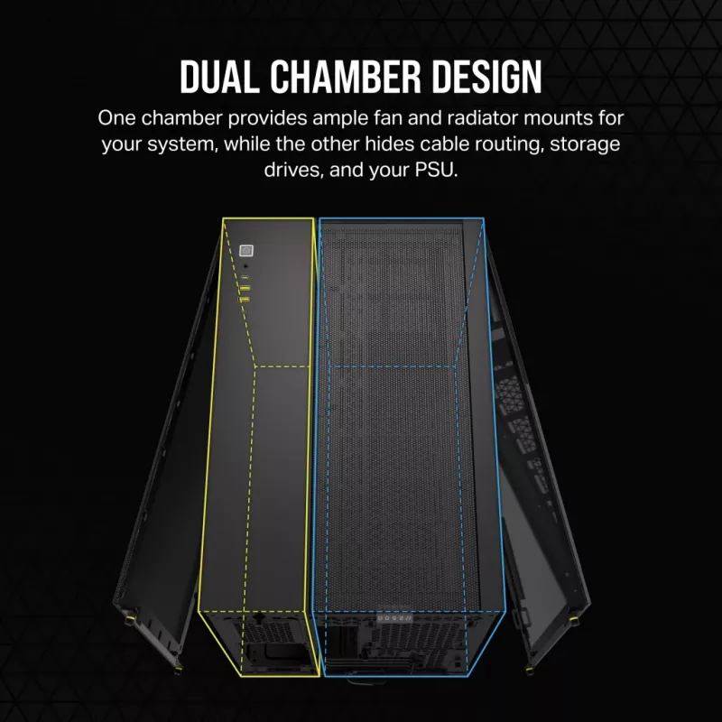Korpusas CORSAIR 2500D AIRFLOW Midi Tower Juodas — ATX/Micro ATX, priekyje 280 mm radiatoriaus palaikymas, USB-A x2, USB-C x1
