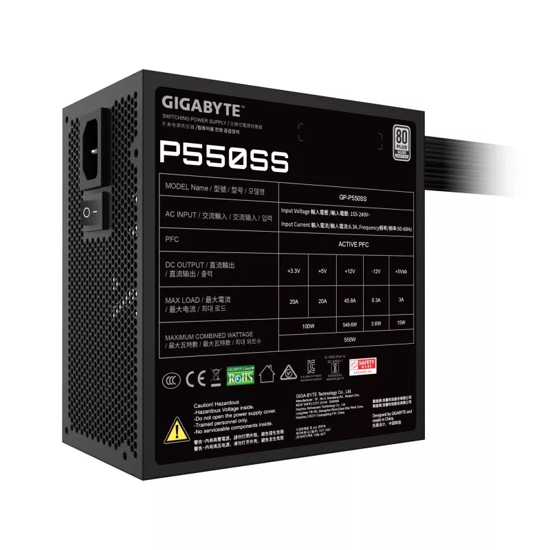 GIGABYTE P550SS Maitinimo blokas - PCIe 5.0, 80 PLUS Silver, 120mm ventiliatorius, ATX 3.0 suderinamas, EU kištukas